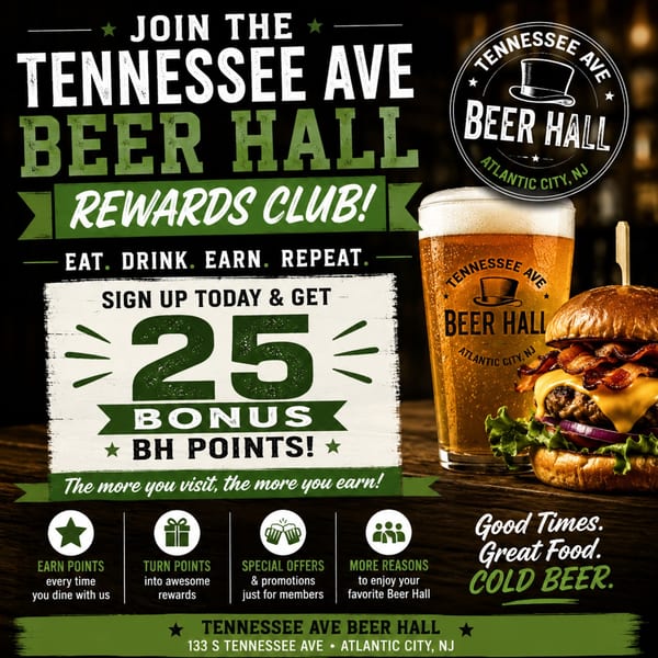 A promotional image for Tennessee Ave Beer Hall Rewards Club, featuring a beer and a burger.