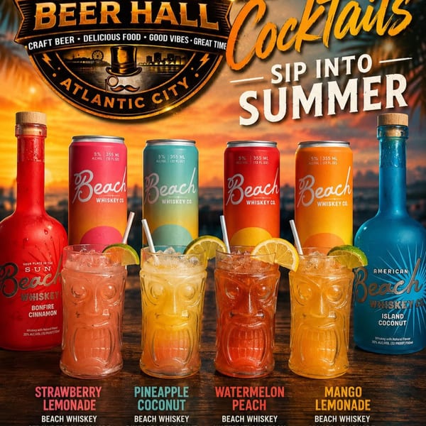 Four colorful Beach Whiskey cocktails in tiki glasses, with matching cans and bottles, for Beer Hall's 'Sip Into Summer'.