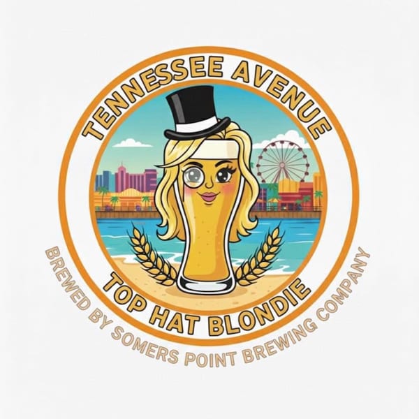 Tennessee Avenue Top Hat Blondie beer logo: cartoon beer glass with blonde hair, top hat, beach, and city.